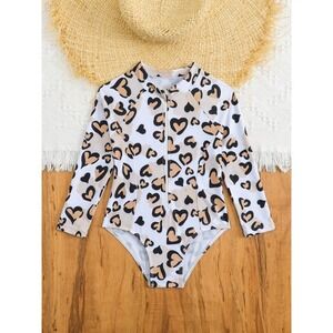 Girls Leopard Heart Print Long Sleeve One Piece Swimsuit Rash Guard Tan Black